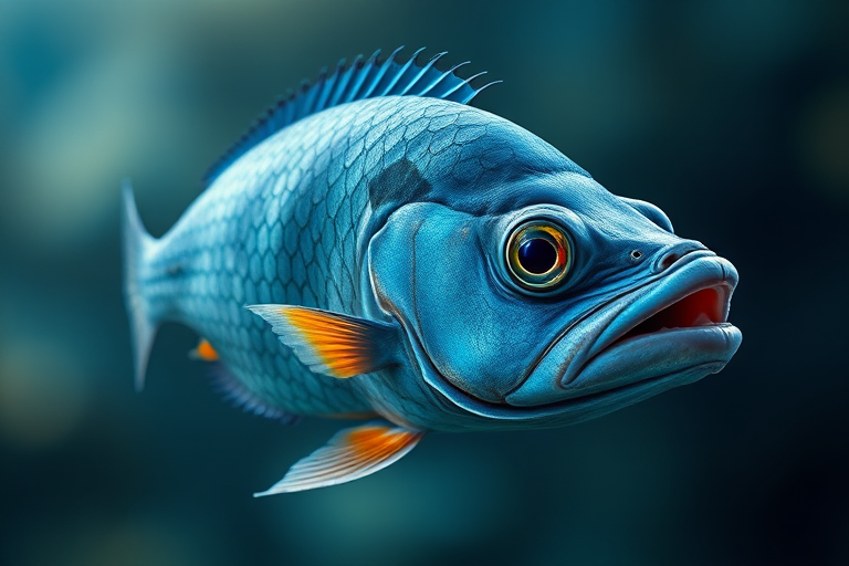 regenerate a detailed illustration of a blue fish with scale textures and realistic shading, camera settings: f/8 aperture, ISO 100, shutter speed 1/250s, camera view: side profile, camera style: macro, camera type: DSLR