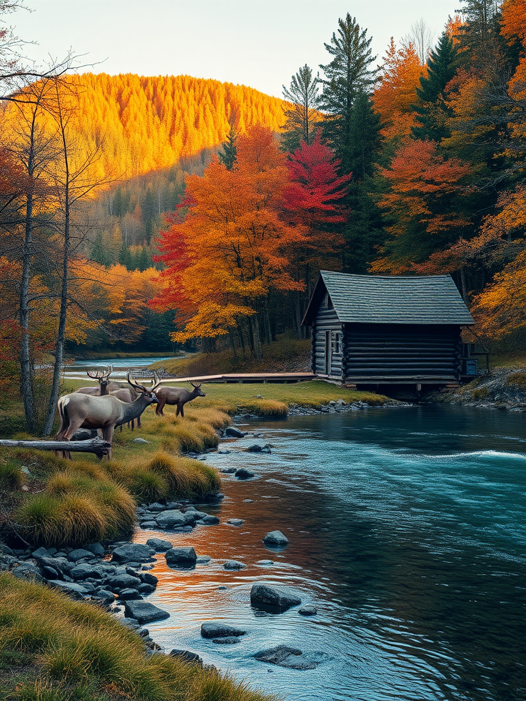 create a serene landscape scene featuring a rustic wooden cabin beside a clear river, surrounded by autumn trees with vibrant foliage, including deer grazing nearby, captured using a DSLR camera with a 50mm lens, aperture f/2.8, ISO 100, and soft natural lighting during golden hour to enhance detail and color richness