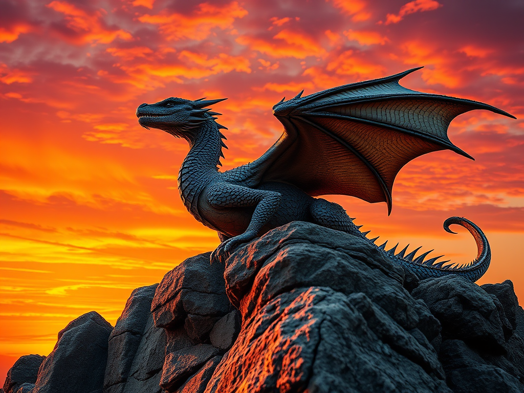 A majestic dragon perched on a rocky outcrop against a vibrant sunset sky, capturing intricate details of its scales and wings, shot with a Canon EOS 5D Mark IV, 50mm lens, f/2.8 aperture, ISO 100, and a dramatic low-angle view for enhanced perspective.