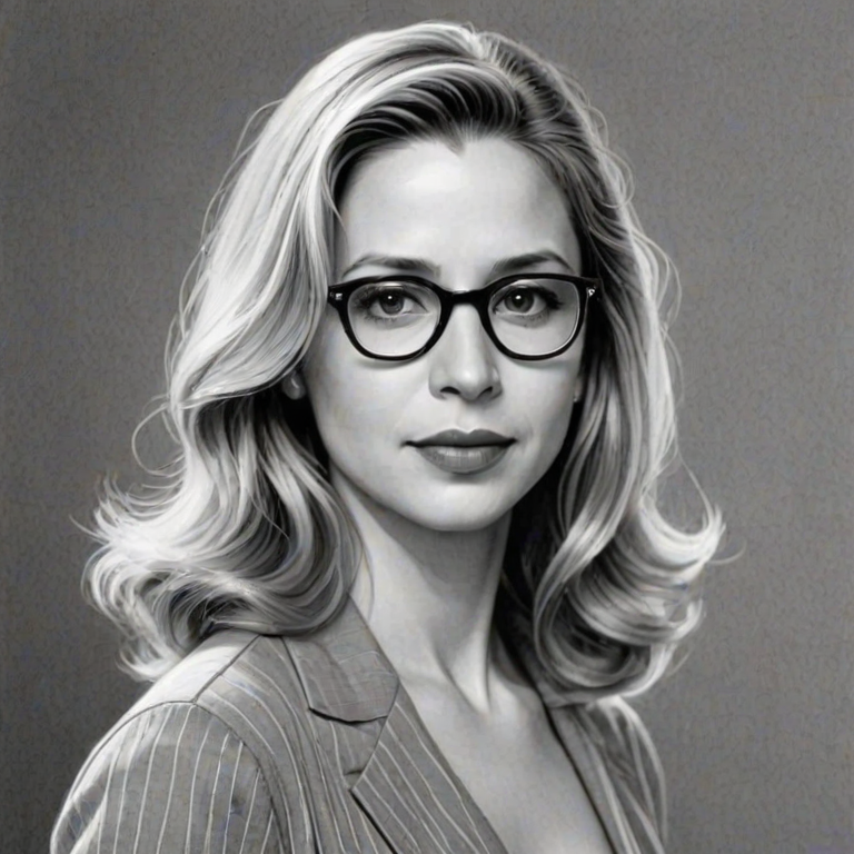 Exquisite Mira Sorvino, pencil sketch, portrait of Graceful woman 1930s in glasses, hair style beatnik, outline, clear lines, fine lines, 8k