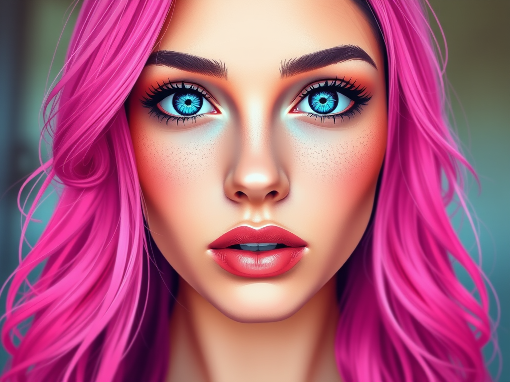 Create a vibrant digital illustration of a woman's face with bright pink hair and striking blue eyes, using a high-resolution setting of 300 DPI, with a shallow depth of field to emphasize facial features, captured with a digital camera type DSLR, using a portrait view style.