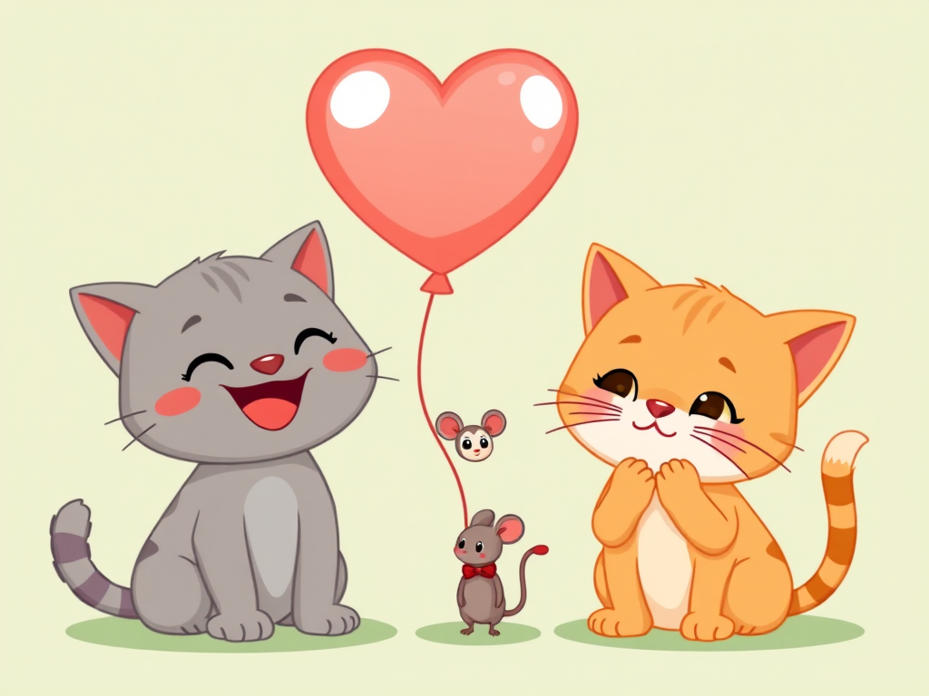 Illustration of two cute cartoon cats, one gray with a big smile and the other orange with a thoughtful expression, holding a heart-shaped balloon with a mouse, soft pastel green background, shot in high resolution with a digital camera, f/4 aperture, 50mm lens, natural lighting.