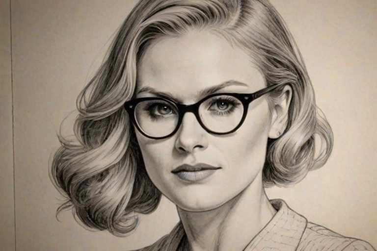 Comely Anna Paquin, pencil sketch, portrait of Splendid woman 1932s in glasses, hair style beatnik, outline, clear lines, fine lines, 8k