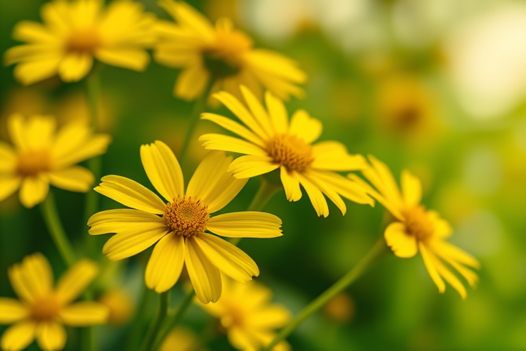 A close-up shot of vibrant yellow flowers with a blurred green background, captured using a DSLR camera at f/2.8 aperture, 1/200s shutter speed, ISO 100, and natural lighting to enhance detail and color richness.