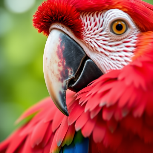 Capture a close-up of a vibrant red macaw with intricate feather details, using a 50mm lens, aperture set to f/1.8 for a shallow depth of field, ISO 200, and natural light to enhance texture and color richness in a natural habitat setting.