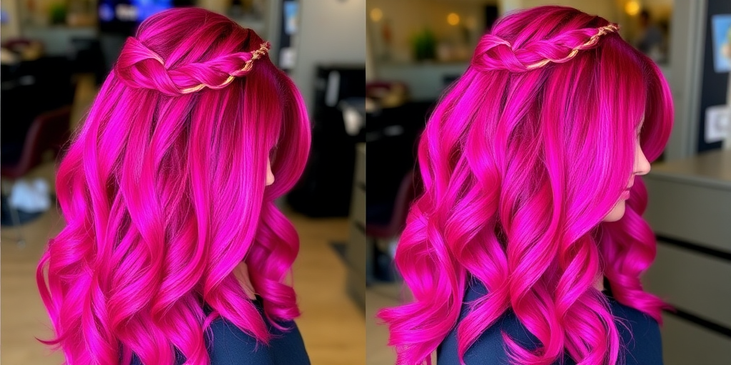 Vibrant magenta ombre hair cascading in long, silky waves, styled by "Neon Nights" salon, featuring a subtle undercut and luminous streaks that shimmer under different lighting, with intricate braided details adorning the crown and a soft side-swept fringe framing the face elegantly.