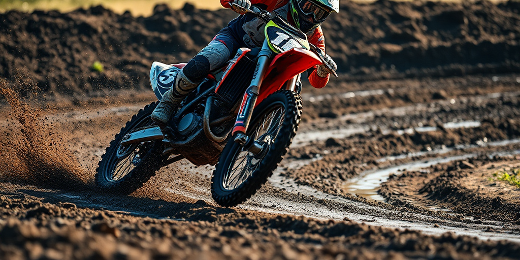 Capture a dynamic action shot of a motocross rider navigating a muddy track, using a DSLR camera with a 50mm f/1.8 lens, aperture set to f/4, shutter speed at 1/1000 sec, ISO 400, at a low angle to emphasize motion and mud splashes, in natural lighting.