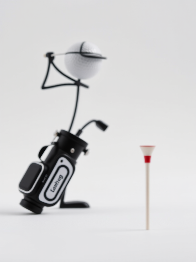 Generate an image of a 3D stick figure golfer taking a swing, with a golf bag and a golf tee in the foreground, against a minimalistic white background, captured with a DSLR camera at f/8 aperture, 50mm lens, ISO 100, and a shallow depth of field for enhanced focus.