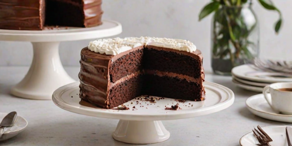 Generate an image of a round chocolate cake with a smooth white frosting. The cake is displayed on a simple white cake stand. One slice of the cake has been removed to reveal the rich chocolate interior. The background is softly blurred to highlight the cake. Include a silver cake server and a couple of white plates next to the cake.
