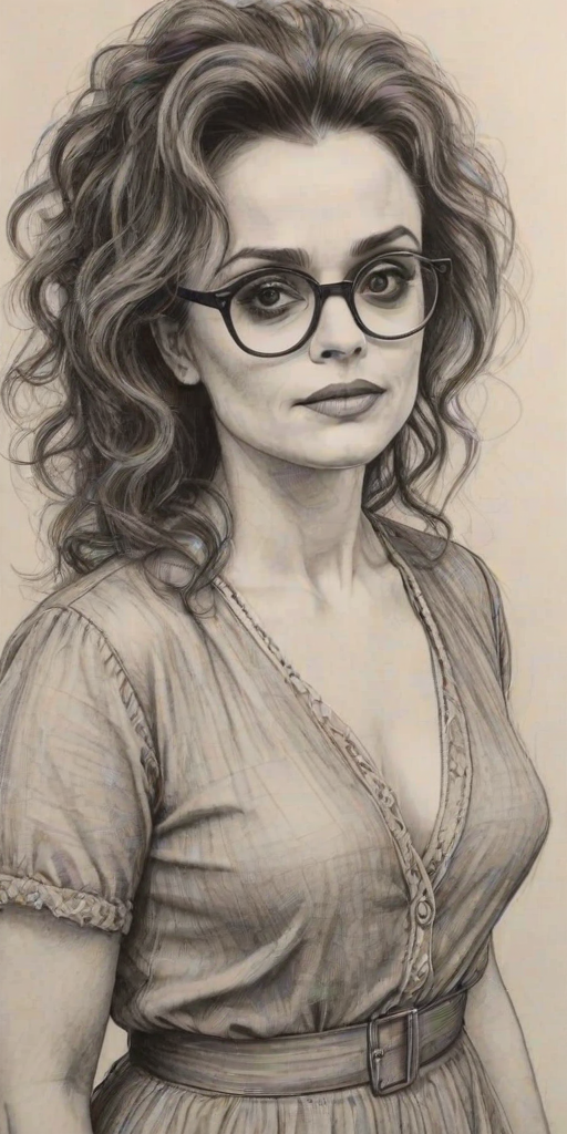 Bewitching Helena Bonham Carter, pencil sketch, portrait of Lovely woman 1978s in glasses, hair style beatnik, outline, clear lines, fine lines, 8k