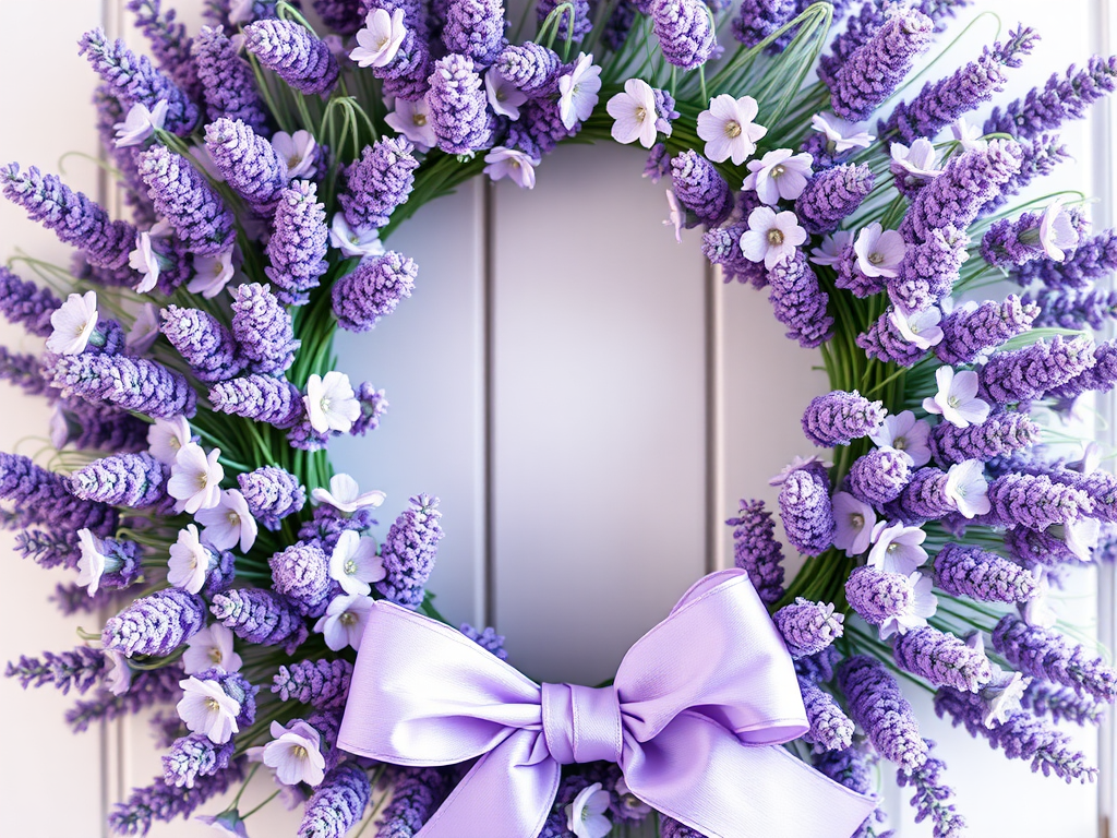 create a detailed lavender floral wreath with a soft purple bow, high resolution, shallow depth of field, taken with a DSLR camera, 50mm lens at f/2.8, natural light, slight vibrant color enhancement