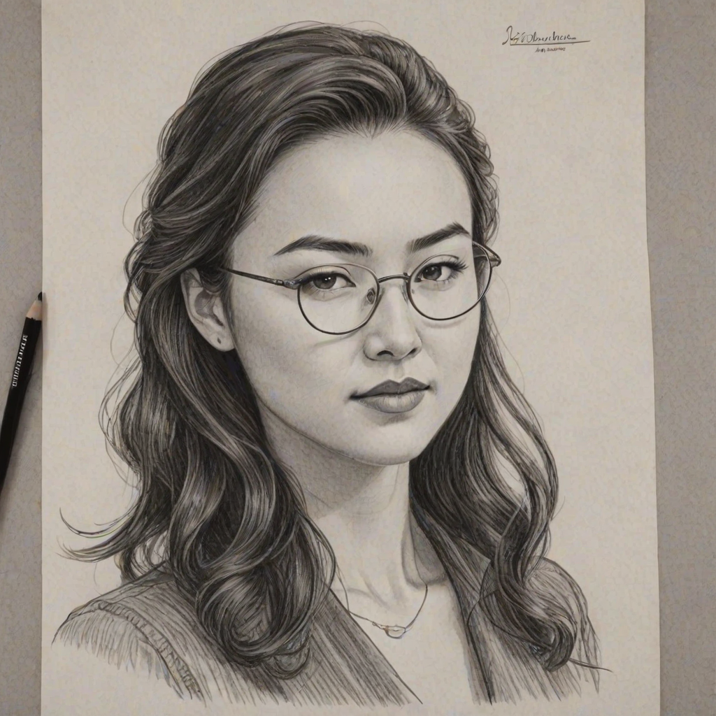 Beauteous Jessica Henwick, pencil sketch, portrait of Bewitching woman 1931s in glasses, hair style beatnik, outline, clear lines, fine lines, 8k