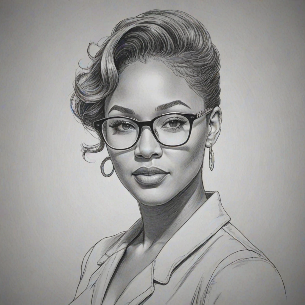 Superb Meagan Good, pencil sketch, portrait of Dazzling woman 1950s in glasses, hair style beatnik, outline, clear lines, fine lines, 8k