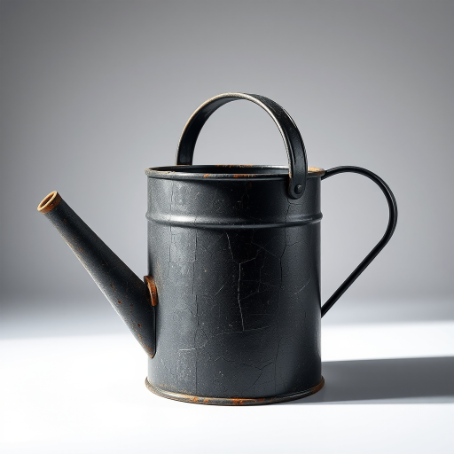 Create a high-resolution illustration of a cracked black watering can, emphasizing the wear and tear with detailed shadows and highlights, using a 50mm lens at f/2.8, ISO 100, in a studio setting with softbox lighting, shot with a DSLR camera.