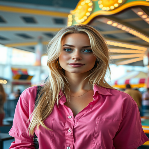 realistic image of a blonde woman, she is in an amusement park, she is wearing a pink shirt