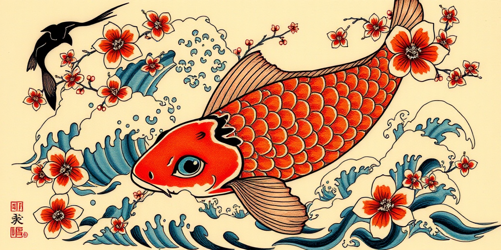 Traditional Japanese Irezumi tattoo entitled "Koi Ascension" featuring a large, ornate koi fish swimming upwards through swirling waves and cherry blossoms, symbolizing perseverance and transformation, with bold outlines and vibrant colors characteristic of the style, ideal for those who appreciate the rich history and symbolism of traditional Japanese tattooing.