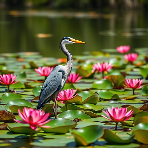 A serene scene of a heron standing gracefully among vibrant water lilies in a tranquil pond, captured in bright natural light, using a Canon EOS 5D Mark IV with an aperture of f/8, shutter speed of 1/250 sec, ISO 100, focusing on the heron while softly blurring the background, in a landscape orientation.