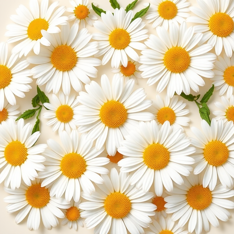 Create a seamless pattern of white daisies with yellow centers and green leaves on a light cream background, shot with a DSLR camera at f/8 for depth of field, 1/125 sec shutter speed, ISO 200, top-down view to capture the full design, using a macro photography style for intricate detail.