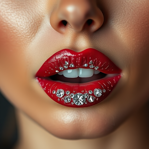 Glamorous woman lips embellished with crystal-encrusted gloss, full face portrait sparkling with red carpet-worthy sophistication
