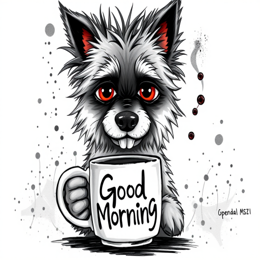 A quirky, artistic illustration of a disheveled german spitz with exaggerated, large eyes and spiky fur, holding a coffee mug that reads "Good Morning". The dog has a tired but humorous expression, with ink splatters and abstract details surrounding it, giving a whimsical feel to the image. The color palette is mostly monochrome with hints of red in the eyes and steam rising from the mug, enhancing the overall sleepy vibe