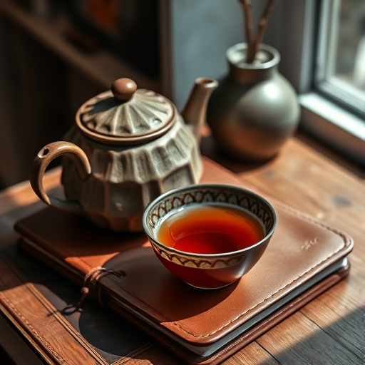 A cozy still life featuring a textured ceramic teapot and a bowl of tea placed on a leather-bound notebook, natural soft lighting, shallow depth of field, shot with a Canon EOS R5, 50mm lens at f/1.8, ISO 200, 1/125s.