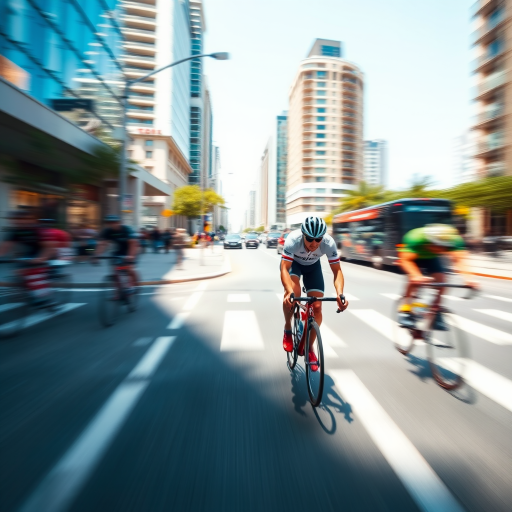 Cyclist racing on a city street, captured in motion with a shallow depth of field, using a DSLR camera with a 50mm lens, aperture f/2.8, shutter speed 1/1000s, ISO 200, natural light, sunny day, vibrant colors, focusing on the cyclist with a blurred background for dynamic effect.