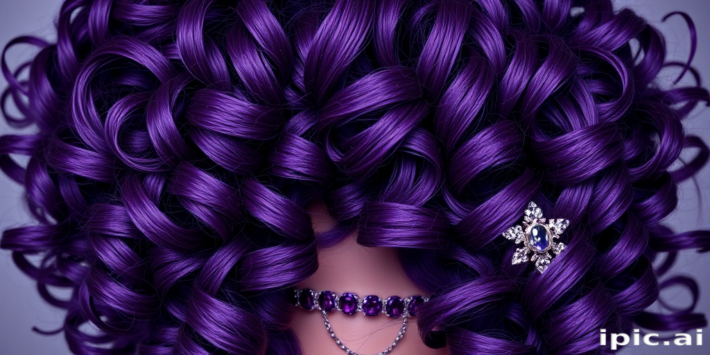 Regal deep purple curls cascading in voluminous ringlets, adorned with glittering amethyst jewels, creating a look fit for royalty called "Imperial Amethyst"