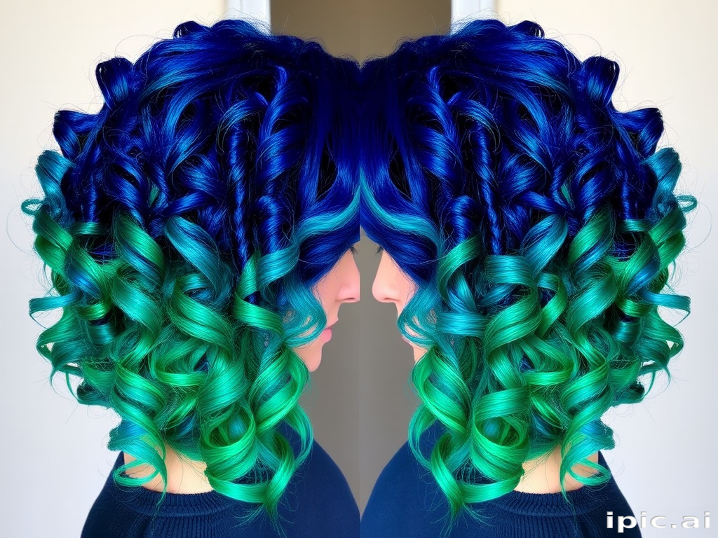 Bold sapphire blue to emerald green color melt styled in tight spiral curls, creating a mesmerizing jewel-toned cascade of vibrant hues