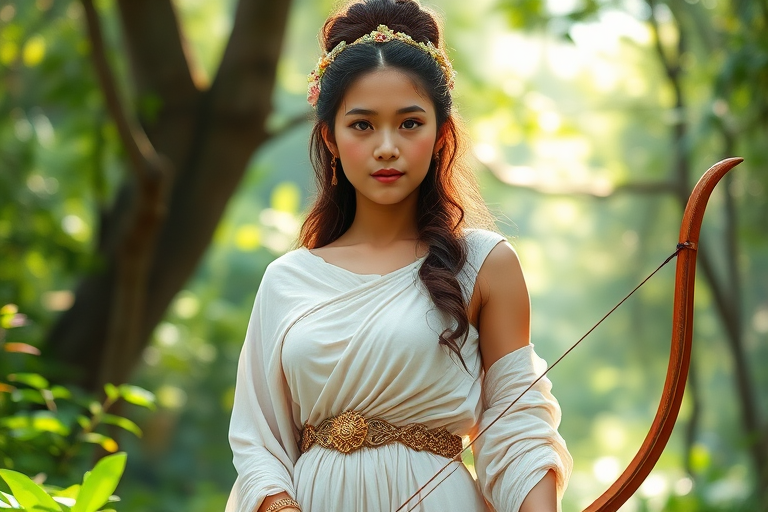 Create a portrait of a goddess-like Malay girl figure in a tranquil, forested environment. She has an elegant appearance with long, wavy hair styled in an updo and adorned with a delicate, floral headband. She wears a flowing, ancient Greek-inspired gown in a soft, pale color, featuring a one-shoulder design and draped fabric that accentuates her graceful form. The outfit includes a decorative belt with ornate gold detailing, and she holds a bow in her hand, with a quiver of arrows slung over her shoulder. The background depicts lush greenery, with sunlight filtering through the trees, casting a gentle, ethereal light on the scene. Her expression is calm and contemplative, embodying a sense of wisdom and serenity.
