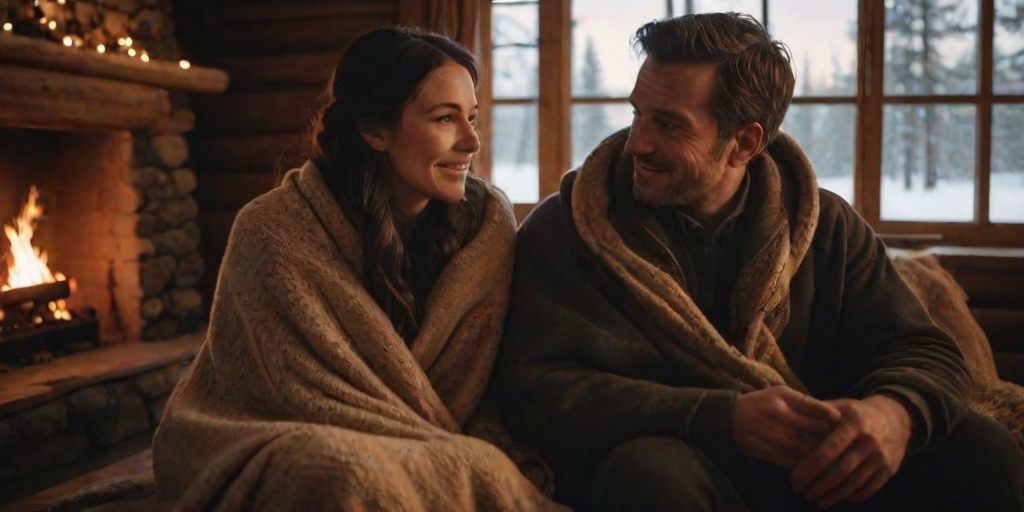 Warm, intimate photo of a couple sitting by a fireplace in a rustic cabin, soft glow from the flames illuminating their faces, a warm blanket draped over their laps, the smell of burning wood and the soft crackle of the fire filling the air, snow falling outside the window behind them.