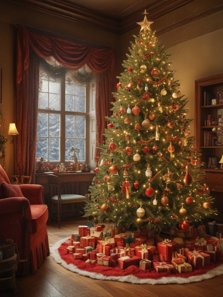 Cozy Christmas Living Room Featuring a Beautifully Decorated Tree and Gifts