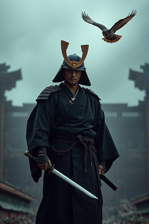 A samurai standing in a misty, ancient ruins environment, wearing a traditional black kimono with a katana in hand, an owl flying overhead, captured with a Canon EOS R5, 50mm lens, f/1.8 aperture, ISO 100, with a soft focus background and dramatic lighting to enhance details and atmosphere.