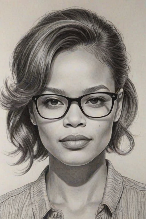 Charming Carmen Ejogo, pencil sketch, portrait of Captivating woman 1980s in glasses, hair style beatnik, outline, clear lines, fine lines, 8k