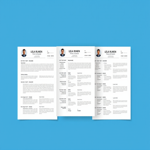 Create a high-resolution digital illustration of three distinct resume layouts on a solid blue background with a camera view of 35mm, aperture f/8, ISO 100, using a professional digital camera style for enhanced clarity and detail in the elements.