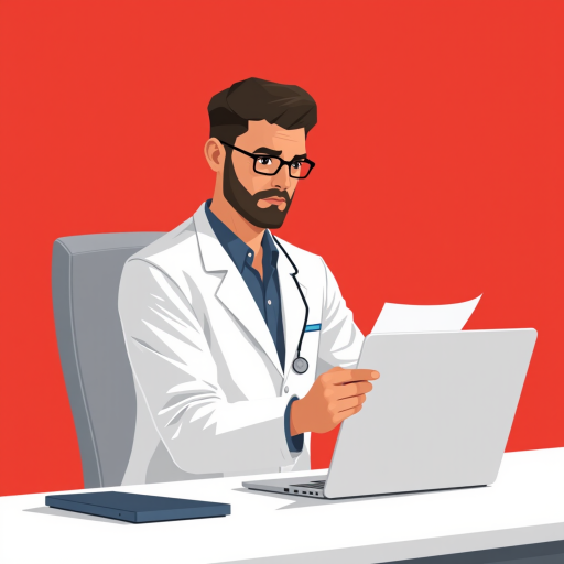 Create an illustration of a male doctor in a white lab coat sitting at a desk, looking at a laptop and holding a piece of paper, with a simple red background, shot with a Canon EOS R5 at 50mm f/1.8, aperture set to f/4, ISO 100, in a minimalist digital art style.
