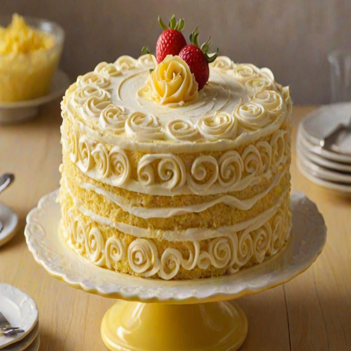 Create an image of a layered cake with a light yellow sponge, filled with creamy frosting and topped with decorative swirls. The cake should be displayed on a yellow cake stand, with a slice cut out to reveal the layers. The background should be dark to contrast with the cake.