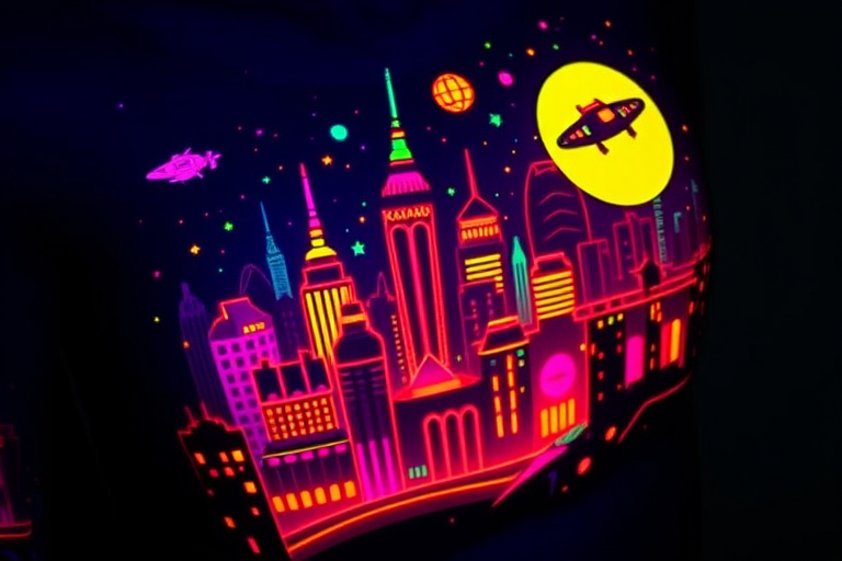 Neon glow tattoo named "Electric Dreams" showcasing vibrant, luminescent colors that appear to pulse and radiate under UV light, depicting a futuristic cityscape with glowing skyscrapers and flying vehicles, perfect for night owls and party-goers who want their tattoos to come alive in dimly lit environments.