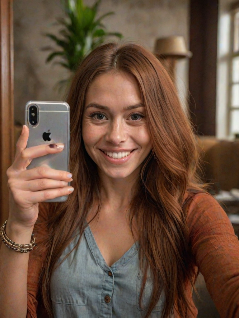 A medium shot selfie photo featuring a young woman and an orangutan, with indoor artificial lighting and a rustic setting captured in clear detail; the image features a warm color palette. The young woman, of Caucasian descent, has a fair skin tone with visible pores and natural texture, and her brown hair is tied back into a neat bun. She has a relaxed expression, smiling slightly as she takes the selfie with her phone, which is visible in the foreground of the mirror reflection. She wears a red shirt with the text "help me", and blue jeans, accessorized with bracelets and a small handbag slung over her shoulder. Standing beside her is an orangutan, slightly shorter in height with characteristic reddish-brown fur, standing comfortably with its gaze directed at the camera. The orangutan's expression is calm. The background shows an old, textured wall with a ladder-like decoration and some lush greenery. The warm artificial lighting adds depth to the scene, emphasizing the rough texture of the walls and the details of the subjects. The overall atmosphere is casual and playful, with the warm tones enhancing the rustic ambiance