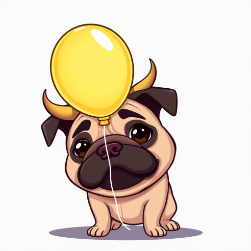 Create a cartoon-style illustration of a playful pug with a balloon, featuring exaggerated features like small horns and a droopy expression, captured with a Canon EOS 5D Mark IV, 50mm lens, f/2.8 aperture, 1/125s shutter speed, and vibrant colors against a simple background for enhanced contrast.