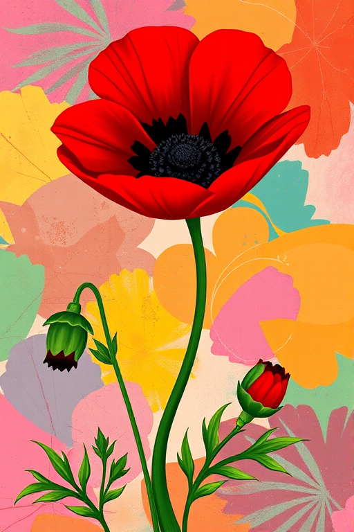 create a vibrant illustration of a red flower with black center surrounded by green leaves and stems on a colorful background