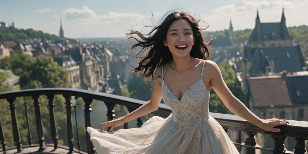 day, natural lighting, windy, female focus, black hair, floating hair, dress, smiling, 1girl, CandiBRIDGE, railing, from below, scenery, intricately detailed illustration, depth of field, atmospheric perspective, realistic shading