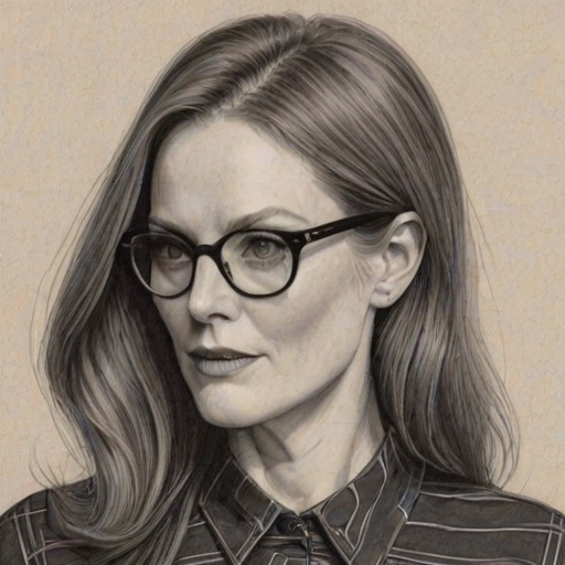 Captivating Julianne Moore, pencil sketch, portrait of Sublime woman 1952s in glasses, hair style beatnik, outline, clear lines, fine lines, 8k