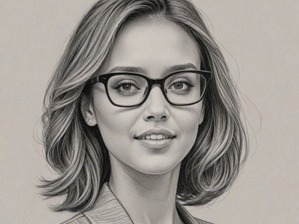 Radiant Jessica Alba, pencil sketch, portrait of Beauteous woman 1949s in glasses, hair style beatnik, outline, clear lines, fine lines, 8k