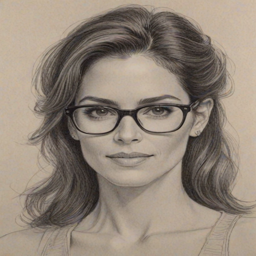 Enchanting Jami Gertz, pencil sketch, portrait of Superb woman 1979s in glasses, hair style beatnik, outline, clear lines, fine lines, 8k