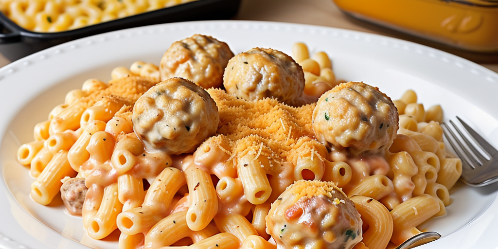 macaroni and cheese with meatballs