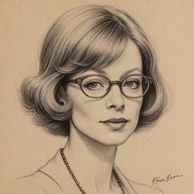 Enchanting Frances Fisher, pencil sketch, portrait of Exquisite woman 1929s in glasses, hair style beatnik, outline, clear lines, fine lines, 8k