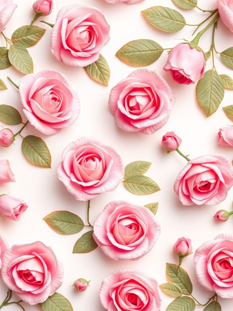 create a seamless floral pattern featuring stylized pink roses with soft pastel tones on a white background, use a Canon EOS R5 camera with a 50mm lens, aperture f/2.8, ISO 100, natural lighting, and a top-down view to enhance details and texture