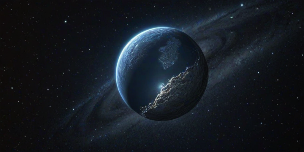 create a detailed depiction of a blue planet in space with a star shining in the background and a dark starry sky surrounding it, highlighting surface textures and craters on the planet