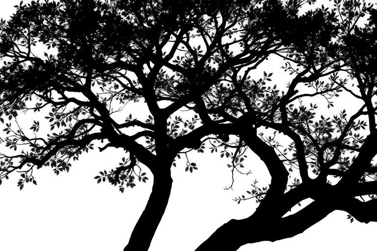 Create a high-resolution image of a stylized black silhouette of a tree with intricate branches and leaves against a white background, using a Canon EOS R5 camera, 50mm lens, aperture f/1.8, ISO 100, exposure time 1/200 sec, with a sharp focus and vibrant contrast.
