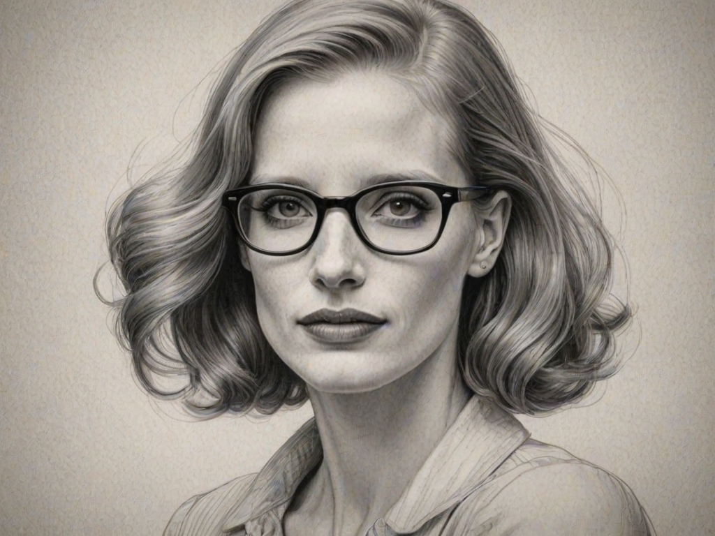 Stunning Jessica Chastain, pencil sketch, portrait of Comely woman 1936s in glasses, hair style beatnik, outline, clear lines, fine lines, 8k